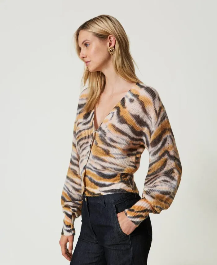 Twinset Jumpers And Cardigans Wool And Alpaca Dualuse Cardigan Tennegrave Orange Black Tiger Print 8211 Clothing