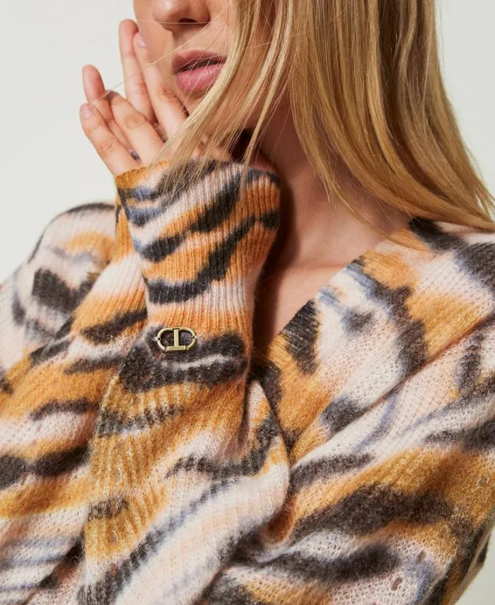 Twinset Jumpers And Cardigans Wool And Alpaca Dualuse Cardigan Tennegrave Orange Black Tiger Print 8211 Clothing