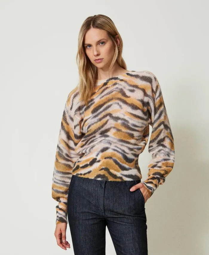 Twinset Jumpers And Cardigans Wool And Alpaca Dualuse Cardigan Tennegrave Orange Black Tiger Print 8211 Clothing