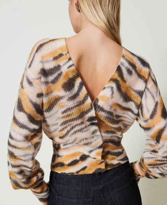 Twinset Jumpers And Cardigans Wool And Alpaca Dualuse Cardigan Tennegrave Orange Black Tiger Print 8211 Clothing