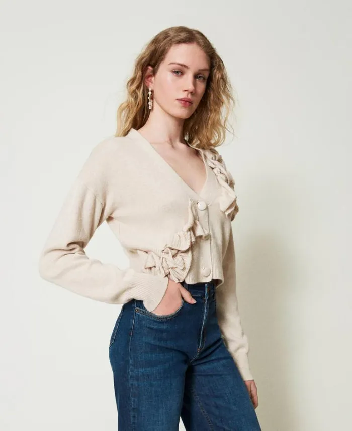Twinset Jumpers And Cardigans Wool Blend Cardigan With Ruffles Old White 8211 Clothing