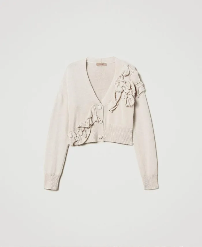 Twinset Jumpers And Cardigans Wool Blend Cardigan With Ruffles Old White 8211 Clothing