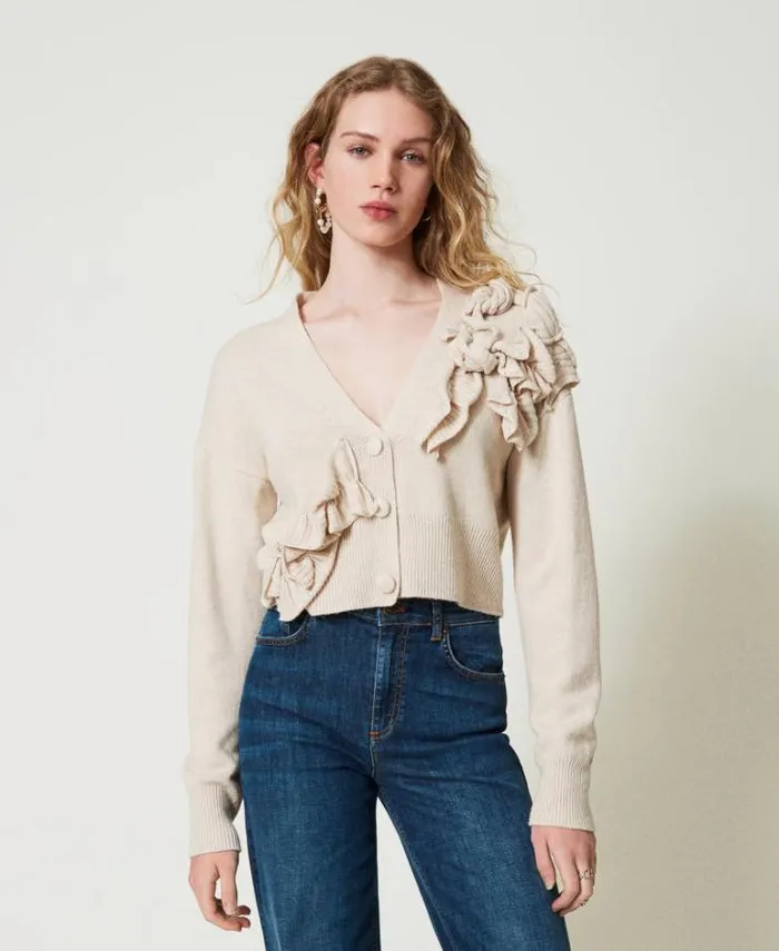 Twinset Jumpers And Cardigans Wool Blend Cardigan With Ruffles Old White 8211 Clothing