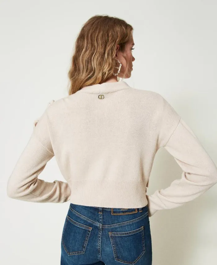Twinset Jumpers And Cardigans Wool Blend Cardigan With Ruffles Old White 8211 Clothing
