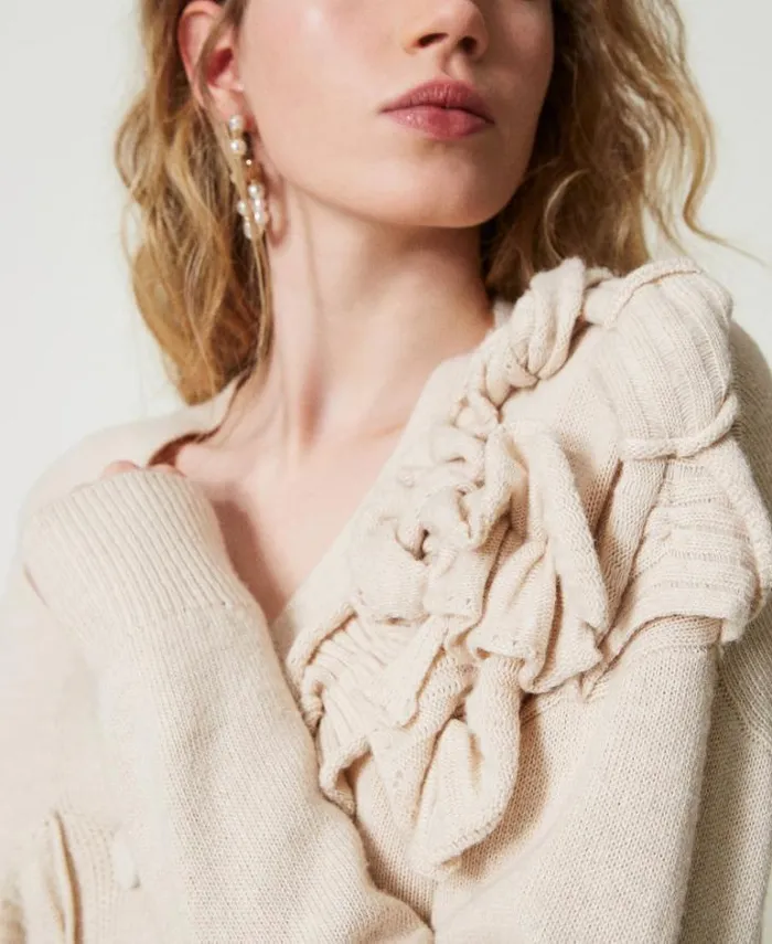 Twinset Jumpers And Cardigans Wool Blend Cardigan With Ruffles Old White 8211 Clothing