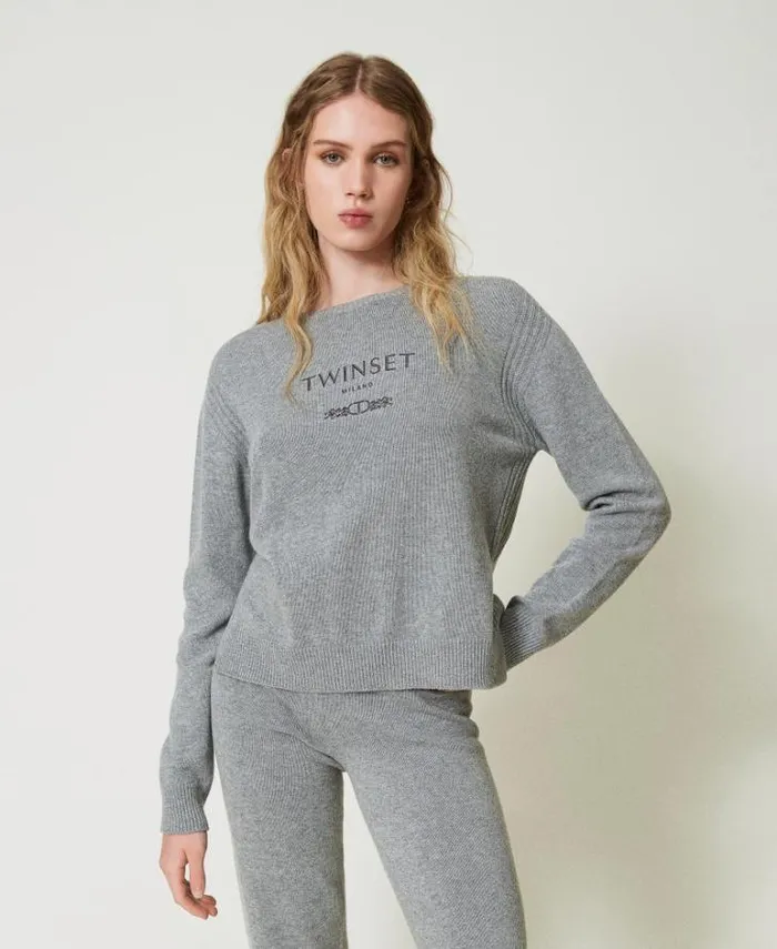 Twinset Jumpers And Cardigans Wool Blend Jumper With Embroidered Logo Warm Melange Gray 8211 Clothing Twinset Jumpers And Cardigans Wool Blend Jumper With Embroidered Logo Warm Melange Gray 8211 Clothing