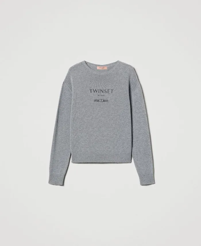 Twinset Jumpers And Cardigans Wool Blend Jumper With Embroidered Logo Warm Melange Gray 8211 Clothing
