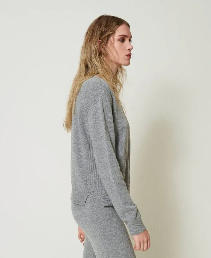 Twinset Jumpers And Cardigans Wool Blend Jumper With Embroidered Logo Warm Melange Gray 8211 Clothing