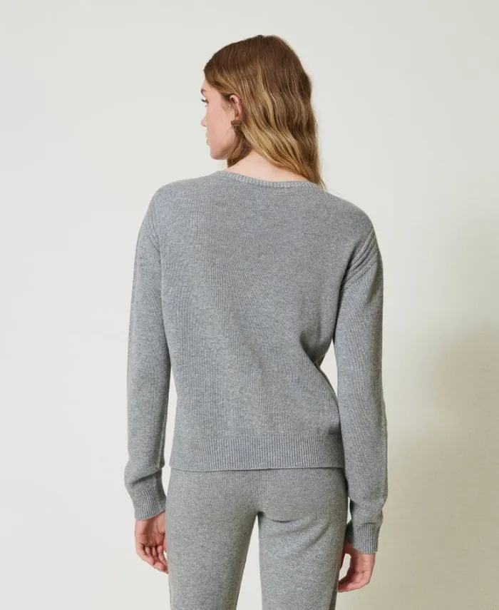 Twinset Jumpers And Cardigans Wool Blend Jumper With Embroidered Logo Warm Melange Gray 8211 Clothing