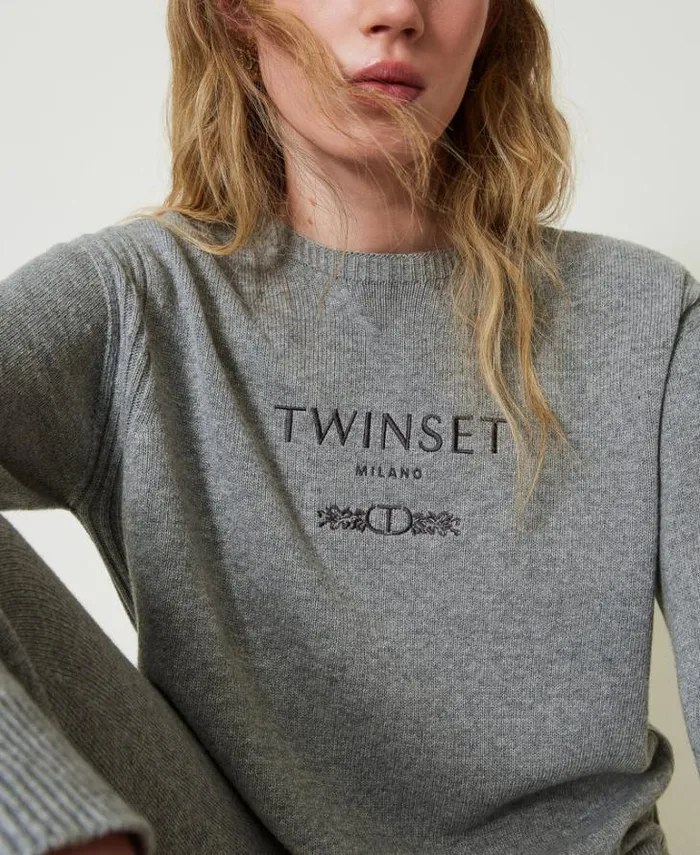 Twinset Jumpers And Cardigans Wool Blend Jumper With Embroidered Logo Warm Melange Gray 8211 Clothing