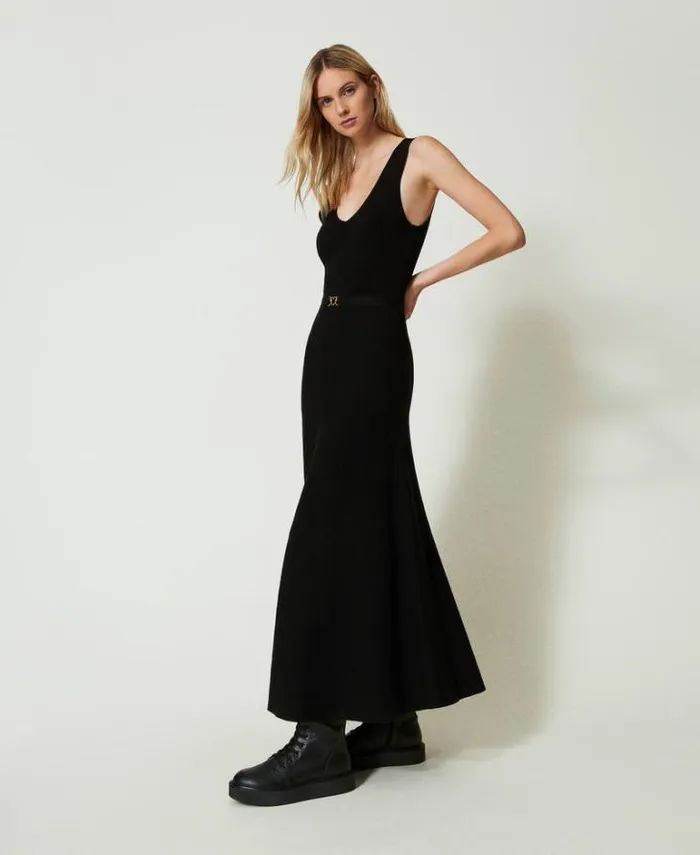 Twinset Long Dresses Long Knit Dress With Belt Black 8211 Clothing