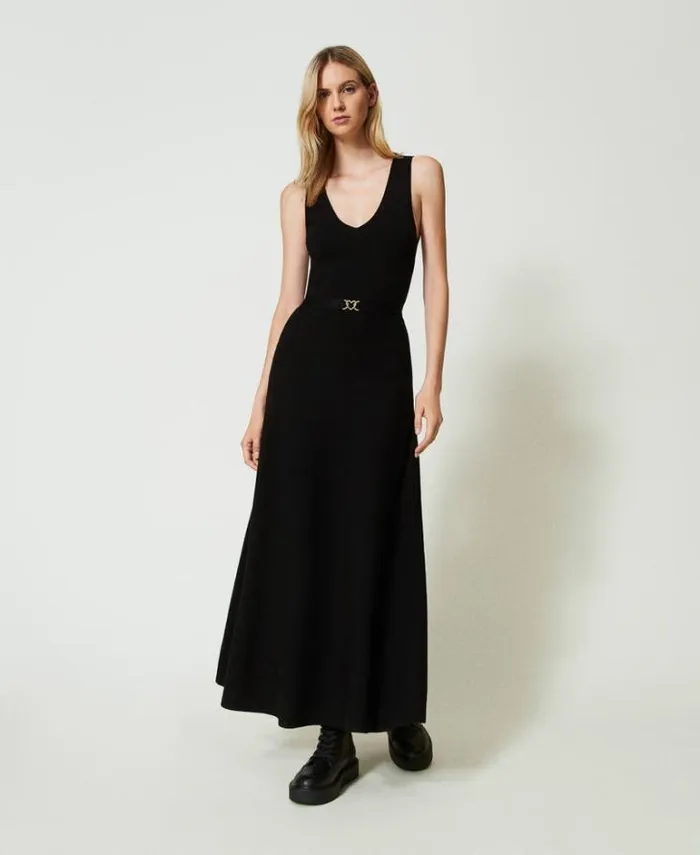 Twinset Long Dresses Long Knit Dress With Belt Black 8211 Clothing
