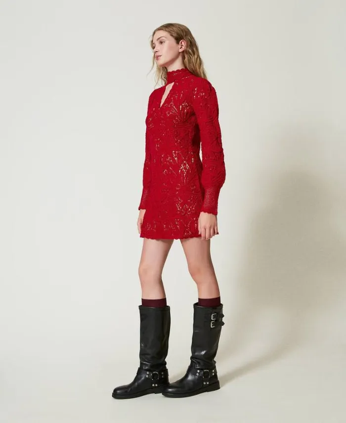 Twinset Short Dresses Short Floral Crochet Dress Venetian Red 8211 Clothing