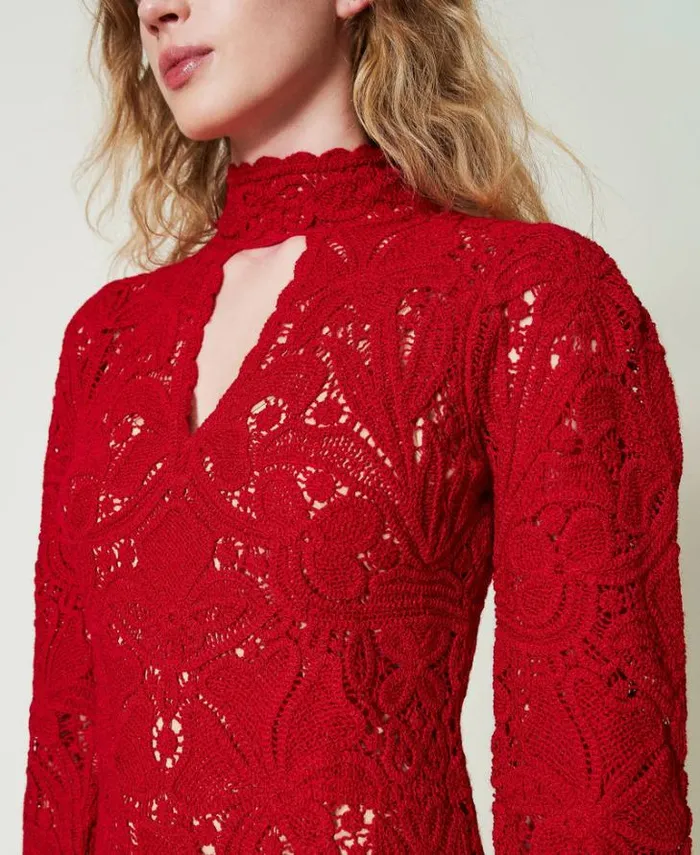 Twinset Short Dresses Short Floral Crochet Dress Venetian Red 8211 Clothing