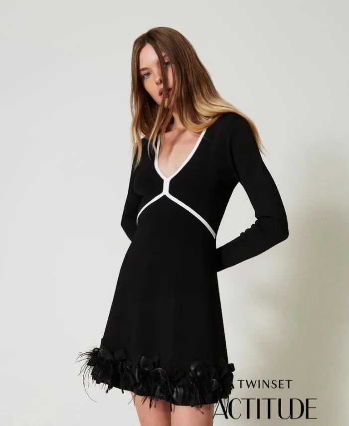 Twinset Short Dresses Short Knit Dress With Flowers And Feathers Black 8211 Clothing