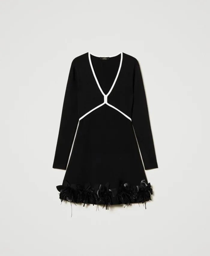 Twinset Short Dresses Short Knit Dress With Flowers And Feathers Black 8211 Clothing