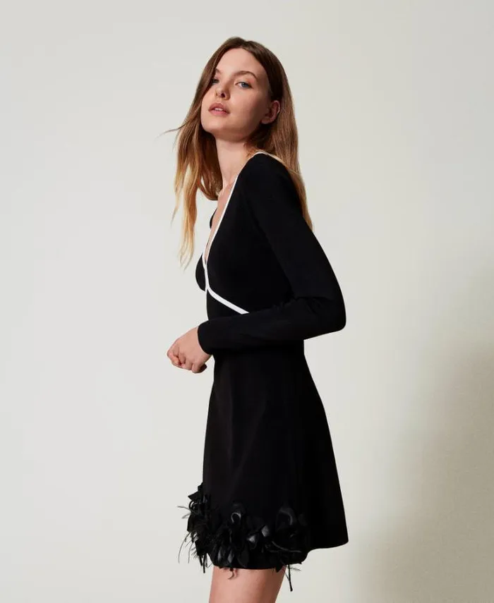 Twinset Short Dresses Short Knit Dress With Flowers And Feathers Black 8211 Clothing