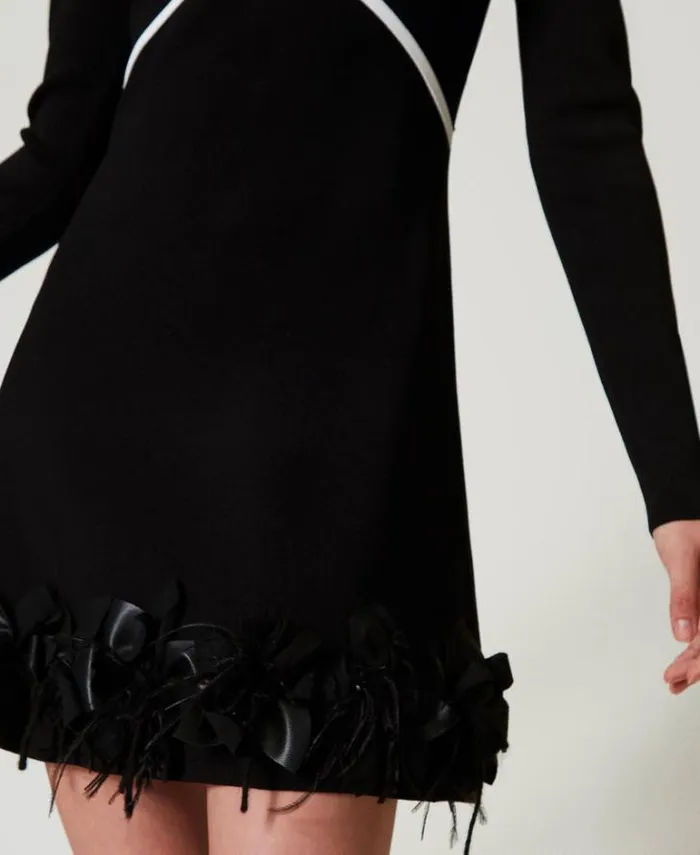 Twinset Short Dresses Short Knit Dress With Flowers And Feathers Black 8211 Clothing