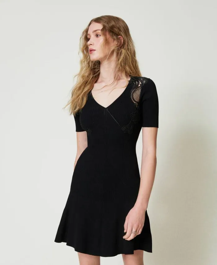 Twinset Short Dresses Short Knit Dress With Lace Black 8211 Clothing