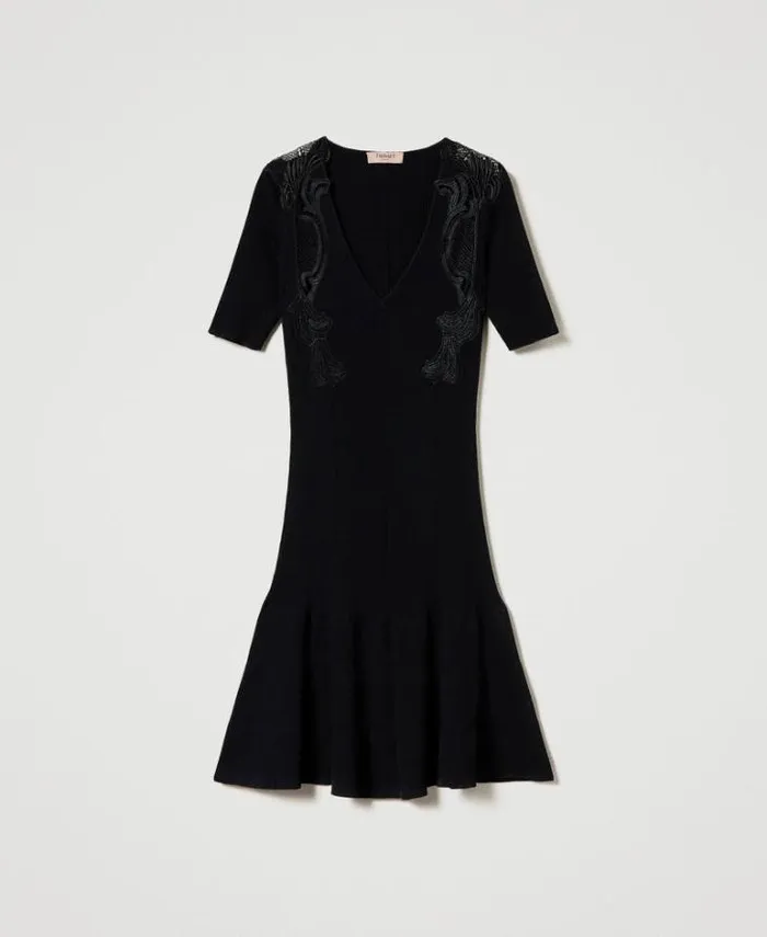 Twinset Short Dresses Short Knit Dress With Lace Black 8211 Clothing