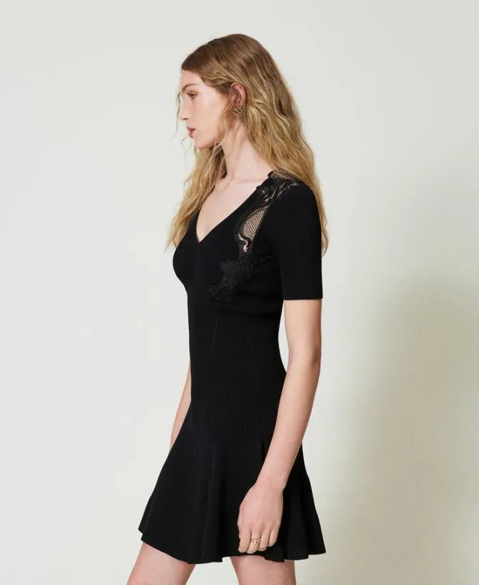 Twinset Short Dresses Short Knit Dress With Lace Black 8211 Clothing