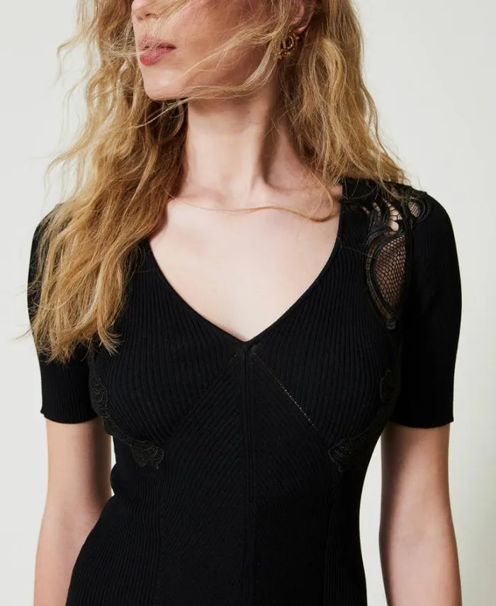 Twinset Short Dresses Short Knit Dress With Lace Black 8211 Clothing