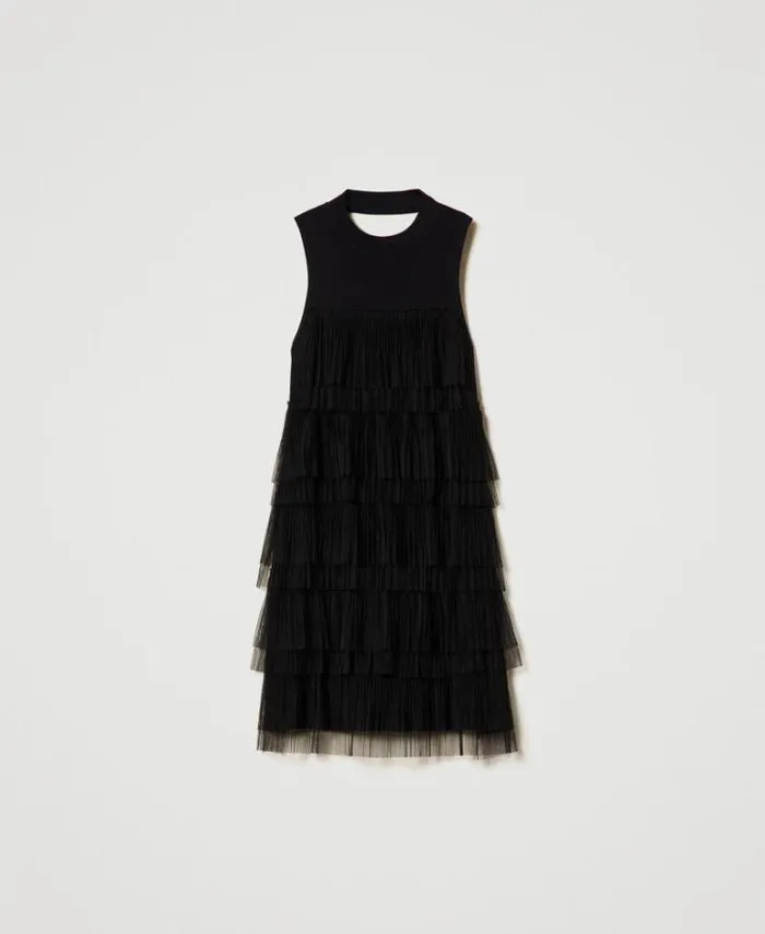 Twinset Short Dresses Short Knit Dress With Tulle Flounces Black 8211 Clothing