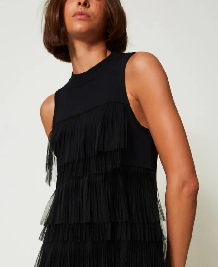 Twinset Short Dresses Short Knit Dress With Tulle Flounces Black 8211 Clothing