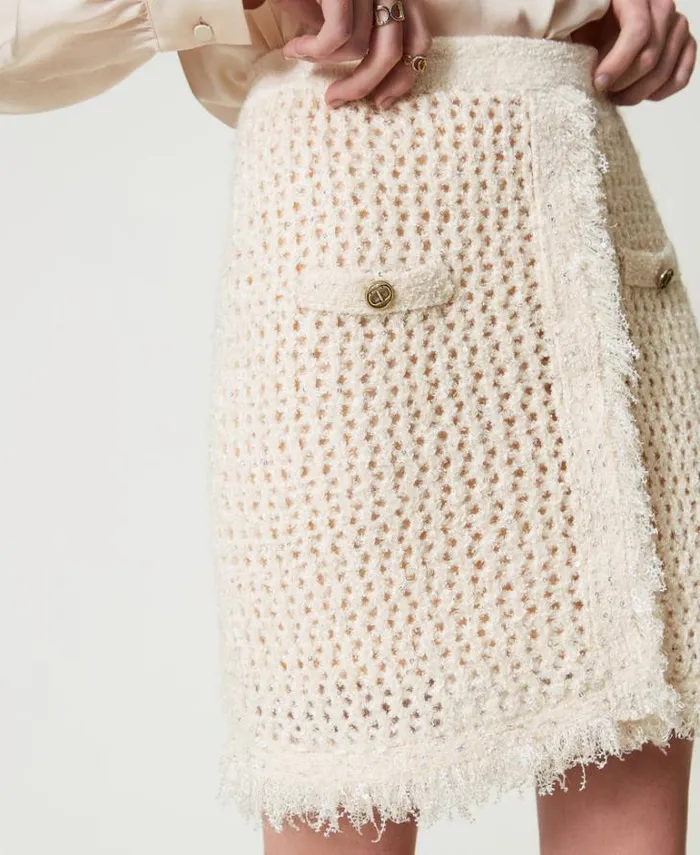 Twinset Skirts Jacquard Knit Mesh Miniskirt Old White 8211 Clothing