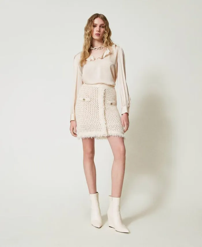Twinset Skirts Jacquard Knit Mesh Miniskirt Old White 8211 Clothing