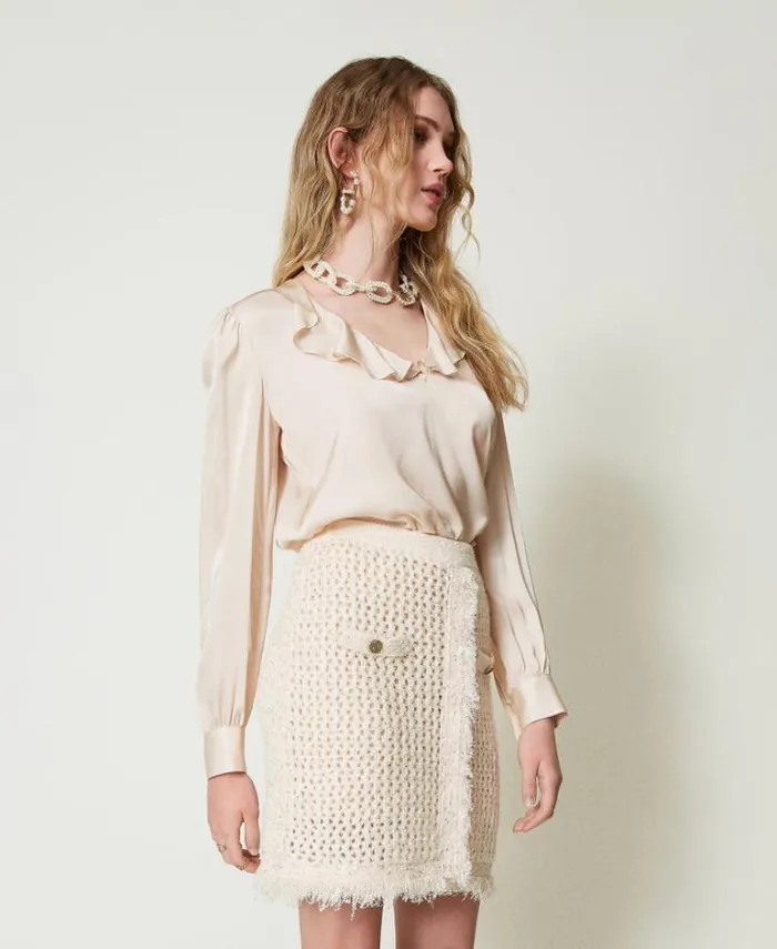 Twinset Skirts Jacquard Knit Mesh Miniskirt Old White 8211 Clothing