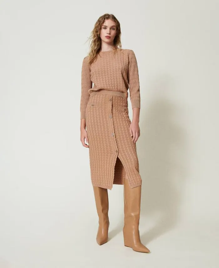 Twinset Skirts Midi Fitted Knit Skirt With Buttons Sandy Brown 8211 Clothing