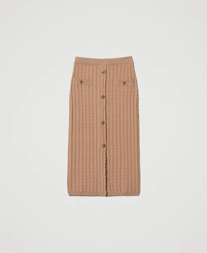 Twinset Skirts Midi Fitted Knit Skirt With Buttons Sandy Brown 8211 Clothing