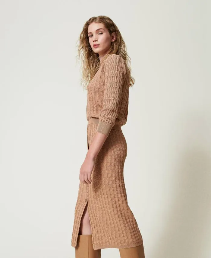 Twinset Skirts Midi Fitted Knit Skirt With Buttons Sandy Brown 8211 Clothing