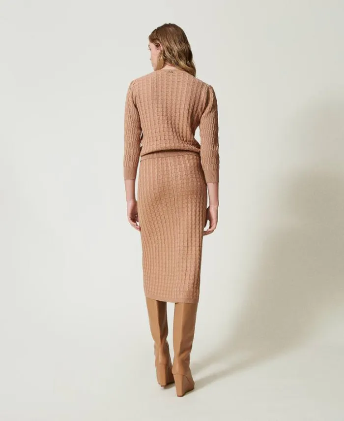 Twinset Skirts Midi Fitted Knit Skirt With Buttons Sandy Brown 8211 Clothing