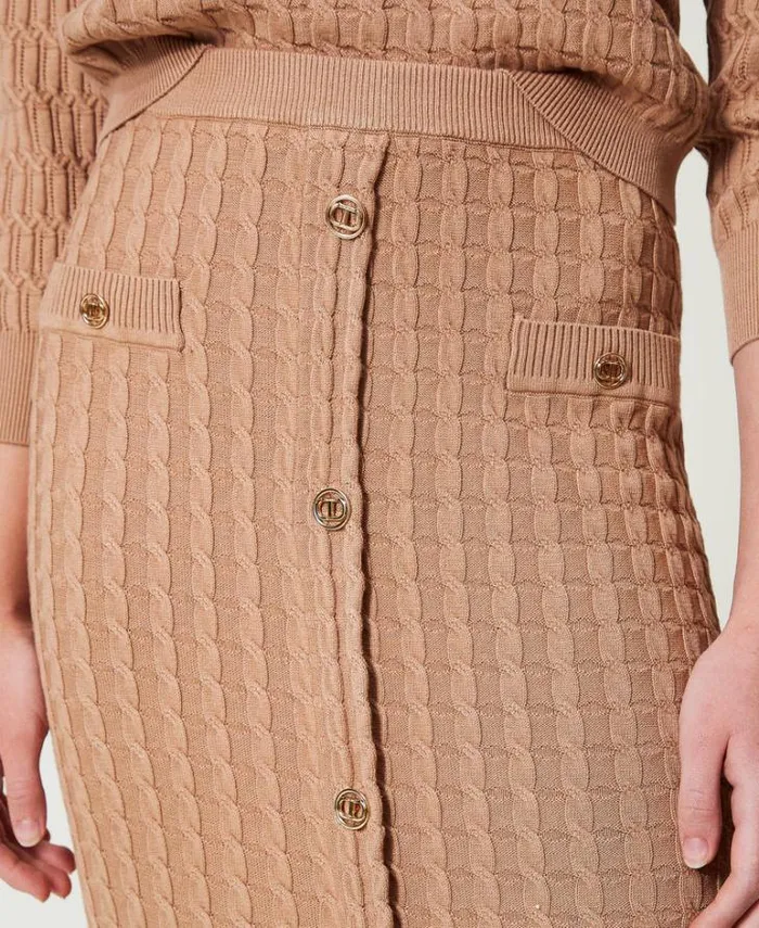 Twinset Skirts Midi Fitted Knit Skirt With Buttons Sandy Brown 8211 Clothing