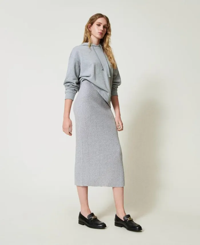 Twinset Skirts Wool And Lurex Blend Midi Knit Skirt Twotone Grey Silver 8211 Clothing