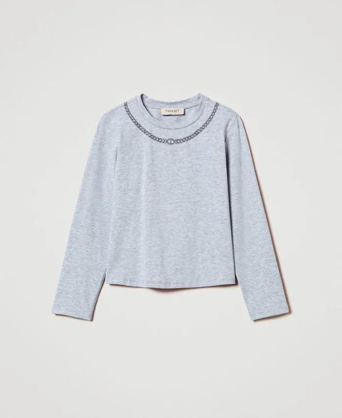 Twinset TShirts And Tops Tshirt With Necklace Print And Rhinestones Light Mid Melange Grey 8211 Girl