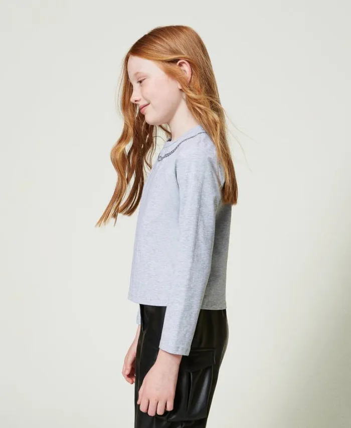 Twinset TShirts And Tops Tshirt With Necklace Print And Rhinestones Light Mid Melange Grey 8211 Girl