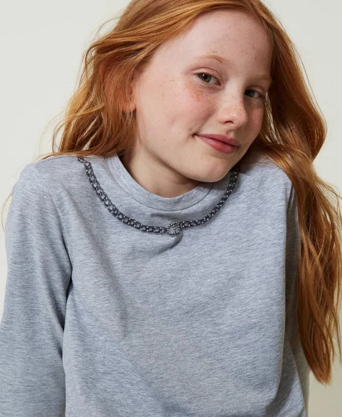 Twinset TShirts And Tops Tshirt With Necklace Print And Rhinestones Light Mid Melange Grey 8211 Girl