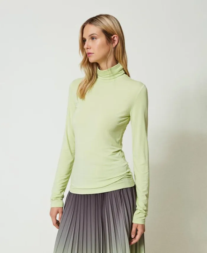 Twinset TShirts And Tops Turtleneck Tshirt With Embroidered Logo Soft Lime Green 8211 Clothing