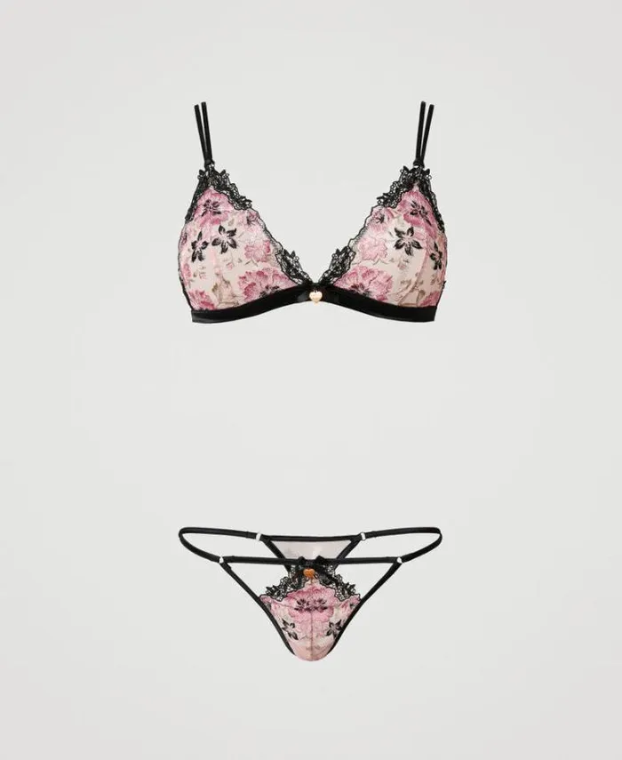 Twinset Underwear And Nightwear Embroidered Triangle Bra And Gstring Set Multicolour Blooming Embroidery 8211 Clothing