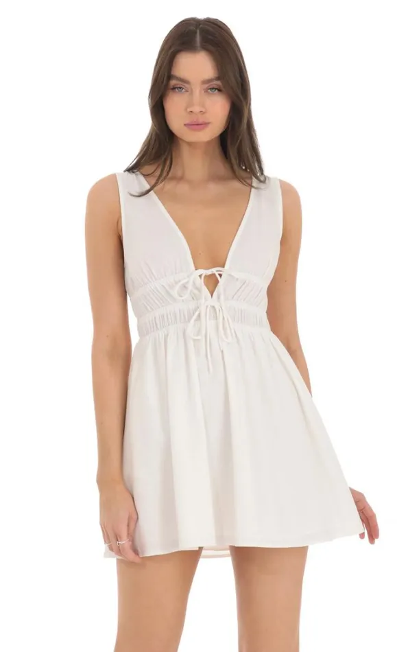 V Neck Linen Dress White Women LUCY IN THE SKY Mini Dresses V Neck Linen Dress White Women LUCY IN THE SKY Mini Dresses