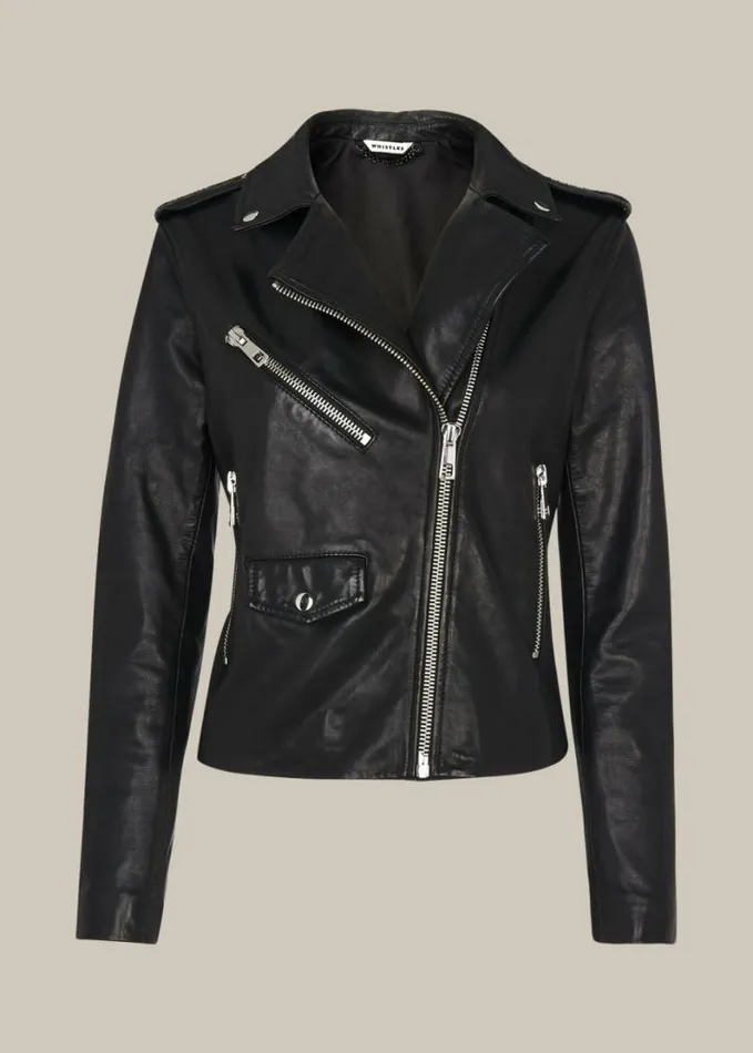 Whistles Agnes Pocket Leather Biker Black Women Coats and Jackets