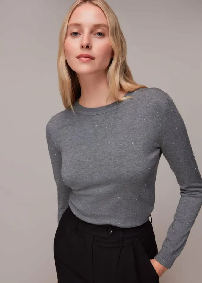 Whistles Annie Sparkle Crew Neck Grey Women Sweaters and Cashmere