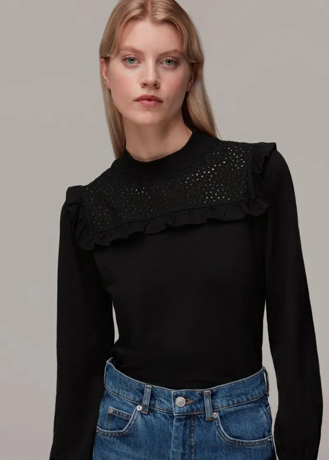 Whistles Broderie Yoke Frill Detail Top Black Women Tops