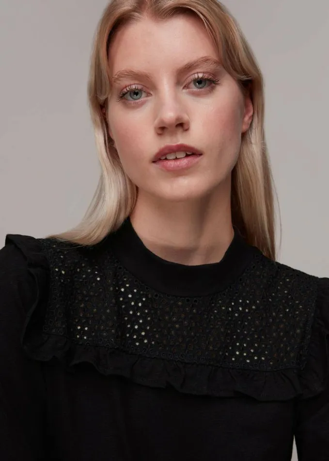 Whistles Broderie Yoke Frill Detail Top Black Women Tops