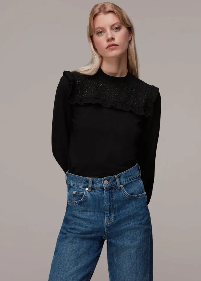 Whistles Broderie Yoke Frill Detail Top Black Women Tops