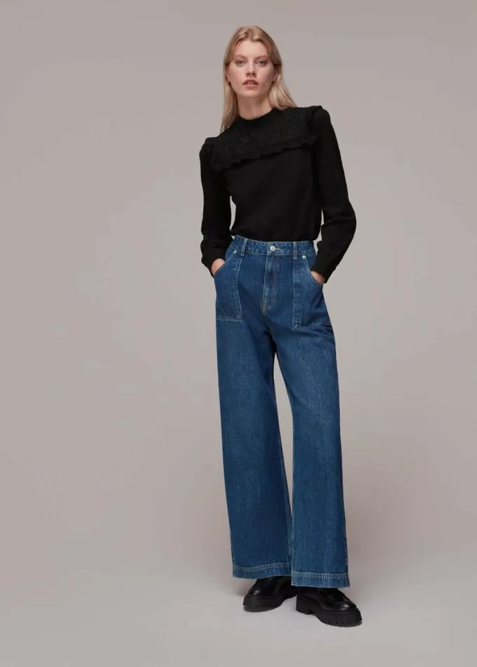 Whistles Broderie Yoke Frill Detail Top Black Women Tops
