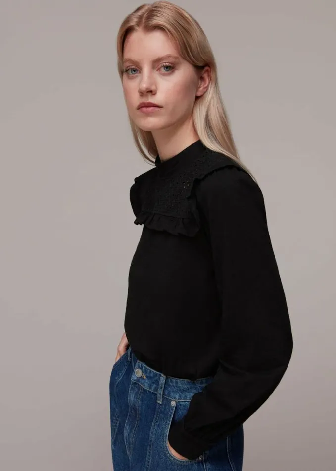 Whistles Broderie Yoke Frill Detail Top Black Women Tops